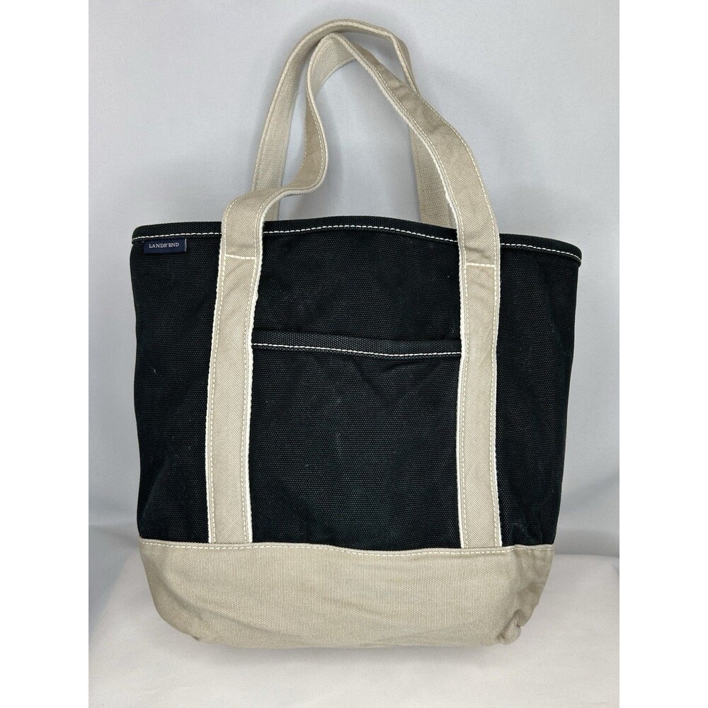 Lands End Canvas Open Tote Bag Beige Black Classic 5 Pockets Nautical Travel